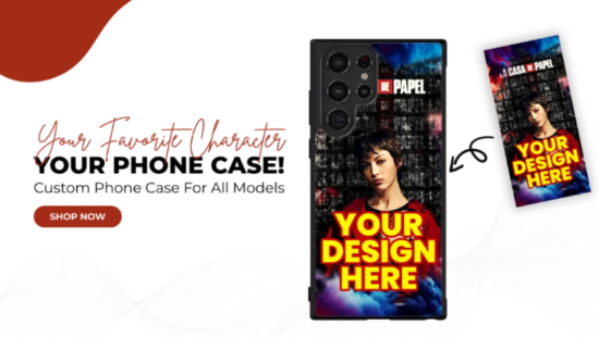 Custom phone case design service with a sample case and text overlay on a white background